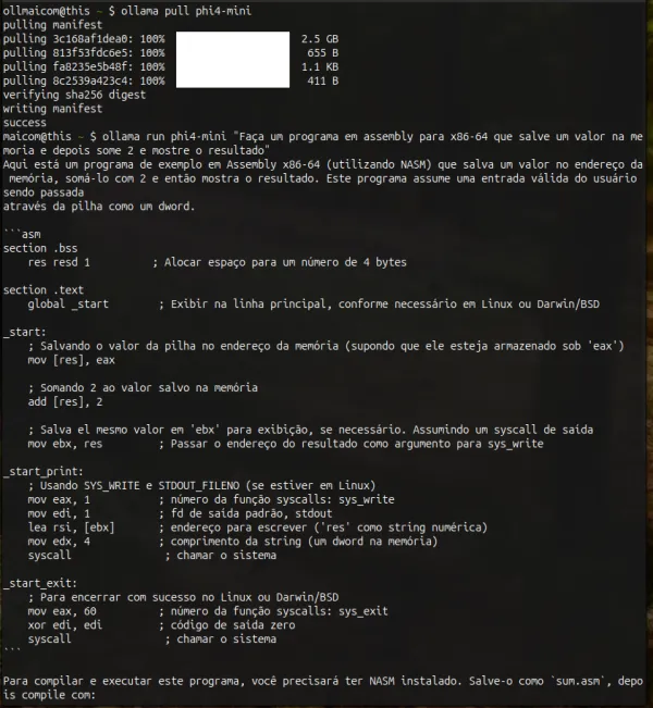 ollama run phi4-mini Faça um programa em assembly para x86-64 que salve um valor na memoria e depois some 2 e mostre o resultado
